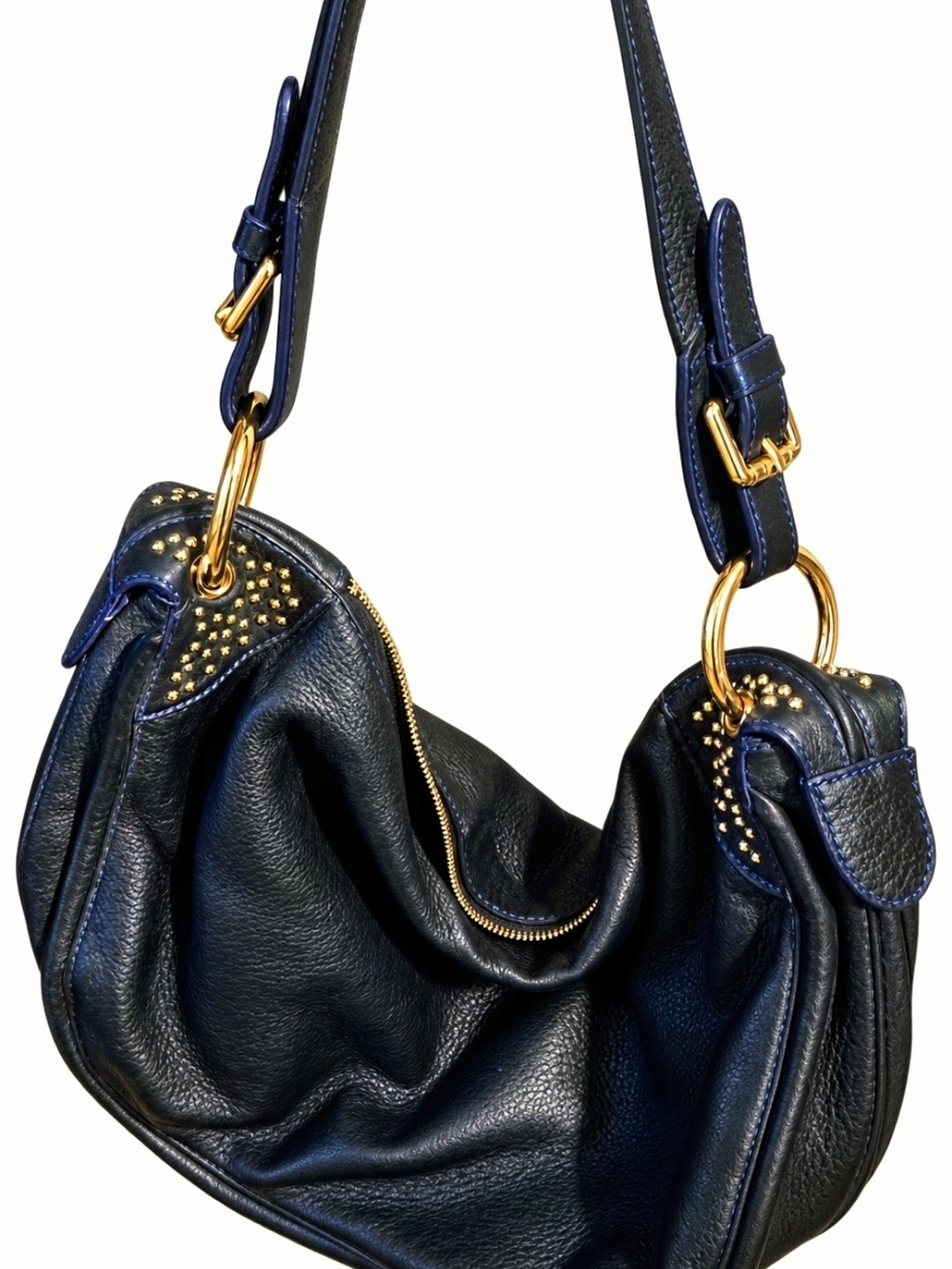 OR by orYANY Black Pebbled Leather Gold Studded Hobo Shoulder Bag Purple Lining